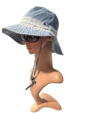 Light Blue Denim Sun Bucket Hat with Chin Strap